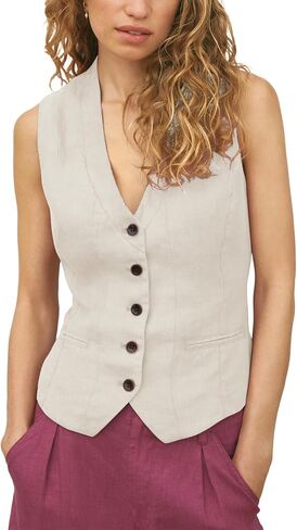 Women's Linen Vest Sleeveless Button Down V Neck Formal Business Waistcoat in Saudi Arabia