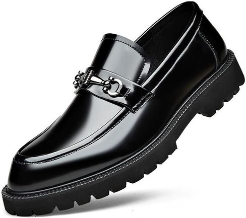 Men's Patent Leather Chunky Heel Penny Loafers with Metal Horsebit Casual Non-Slip Lug Sole Slip-On Dress Shoes for Formal Business Wedding in Saudi Arabia
