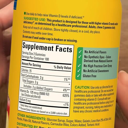 Nature_Mades فيتامين D3 Gummies 5000 IU (200 عدد. حزمة قيمة) - قوة إضافية 125 ميكروغرام - يدعم صحة العظام والأسنان والعضلات - نكهة الفراولة والخوخ والمانجو in Kuwait