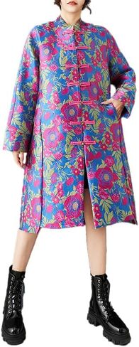 ellazhu Women's Jacquard Floral Trench Coat Chinese Style Oversized Frog Button Long Sleeve Stand Collar Midi Jacket GZ859 A in Kuwait