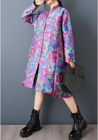 ellazhu Women's Jacquard Floral Trench Coat Chinese Style Oversized Frog Button Long Sleeve Stand Collar Midi Jacket GZ859 A in Kuwait