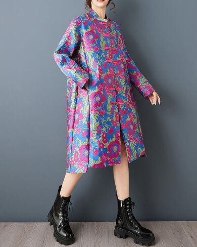ellazhu Women's Jacquard Floral Trench Coat Chinese Style Oversized Frog Button Long Sleeve Stand Collar Midi Jacket GZ859 A in Kuwait