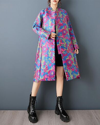 ellazhu Women's Jacquard Floral Trench Coat Chinese Style Oversized Frog Button Long Sleeve Stand Collar Midi Jacket GZ859 A in Kuwait