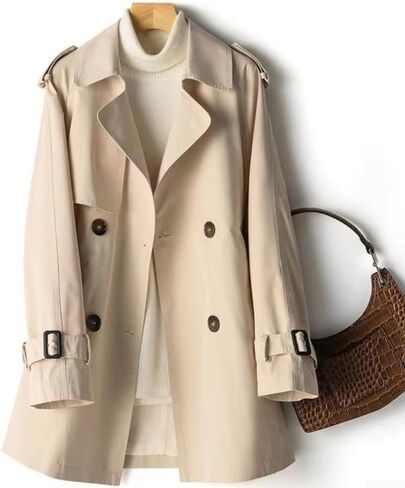 Womens Medium Length Trench Coat Windbreaker with Lapel Collar and Long Sleeves for Casual and Vacation Wear in Saudi Arabia