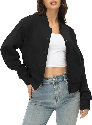 Moreone Womens Faux Suede Bomber Jacket Cropped Button Down Casual Coats 2026 Spring Fashion Short Varsity Jackets in Saudi Arabia