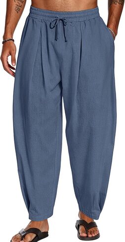 Men's Cotton Linen Harem Pants Casual Loose Trousers Elastic Waist Drawstring for Summer Beach with Pockets in Saudi Arabia