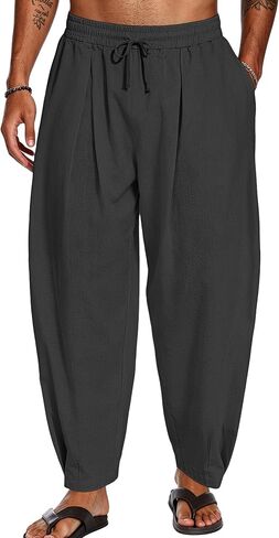 Men's Cotton Linen Harem Pants Casual Loose Trousers Elastic Waist Drawstring for Summer Beach with Pockets in Kuwait