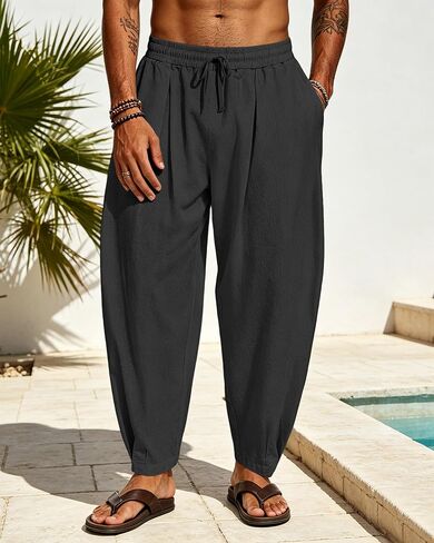 Men's Cotton Linen Harem Pants Casual Loose Trousers Elastic Waist Drawstring for Summer Beach with Pockets in Kuwait