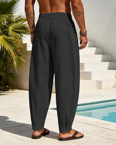Men's Cotton Linen Harem Pants Casual Loose Trousers Elastic Waist Drawstring for Summer Beach with Pockets in Kuwait