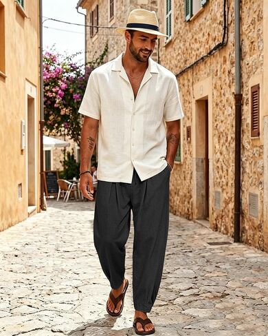 Men's Cotton Linen Harem Pants Casual Loose Trousers Elastic Waist Drawstring for Summer Beach with Pockets in Kuwait