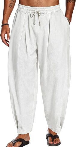 Men's Cotton Linen Harem Pants Casual Loose Trousers Elastic Waist Drawstring for Summer Beach with Pockets in Kuwait