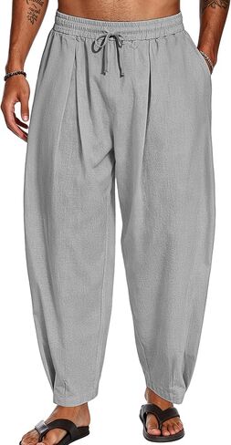 Men's Cotton Linen Harem Pants Casual Loose Trousers Elastic Waist Drawstring for Summer Beach with Pockets in Kuwait