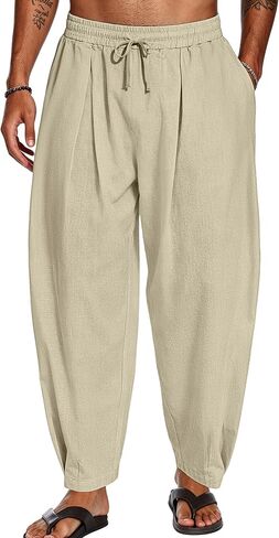 Men's Cotton Linen Harem Pants Casual Loose Trousers Elastic Waist Drawstring for Summer Beach with Pockets in Kuwait