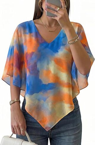 Dokotoo Womens Summer V Neck Tops Double Layered Boho Printed Chiffon Poncho Top Batwing Sleeve Shirts Beach Vacation Outfits in Kuwait