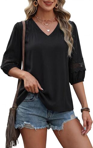 Blooming Jelly Womens Linen Tops Lace 3/4 Sleeve Cute Summer Shirt V Neck Flowy Boho Blouses in Kuwait