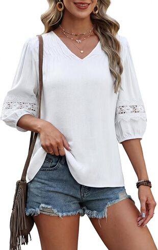 Blooming Jelly Womens Linen Tops Lace 3/4 Sleeve Cute Summer Shirt V Neck Flowy Boho Blouses in Kuwait