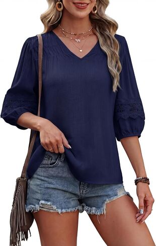 Blooming Jelly Womens Linen Tops Lace 3/4 Sleeve Cute Summer Shirt V Neck Flowy Boho Blouses in Kuwait