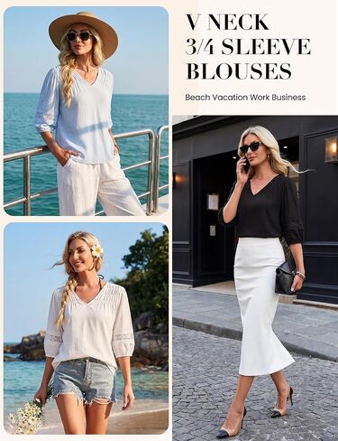 Blooming Jelly Womens Linen Tops Lace 3/4 Sleeve Cute Summer Shirt V Neck Flowy Boho Blouses in Kuwait