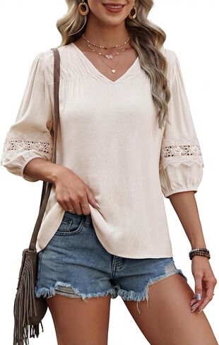 Blooming Jelly Womens Linen Tops Lace 3/4 Sleeve Cute Summer Shirt V Neck Flowy Boho Blouses in Kuwait