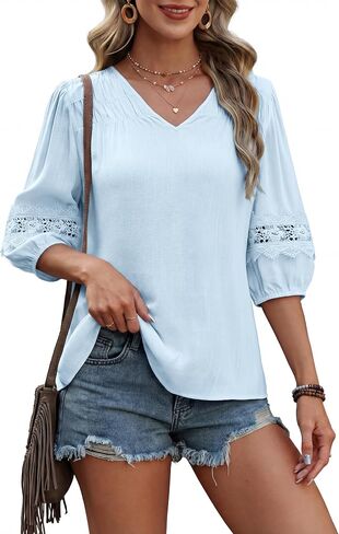 Blooming Jelly Womens Linen Tops Lace 3/4 Sleeve Cute Summer Shirt V Neck Flowy Boho Blouses in Kuwait