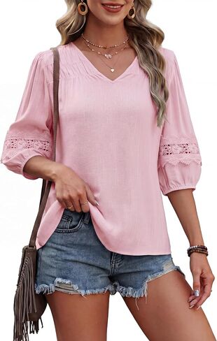 Blooming Jelly Womens Linen Tops Lace 3/4 Sleeve Cute Summer Shirt V Neck Flowy Boho Blouses in Kuwait