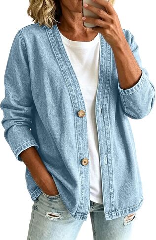 Denim Jacket For Women Classic Button Front Stretch Jean Jacket Lightweight Casual Long Sleeve Denim Cardigan Coat in Saudi Arabia