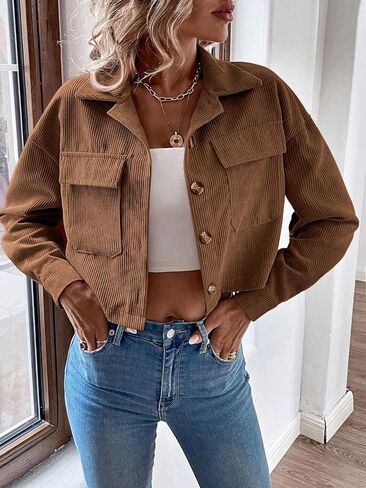 Women's Button Down Corduroy Jacket Long Sleeve Shacket Cropped Jacket in Kuwait