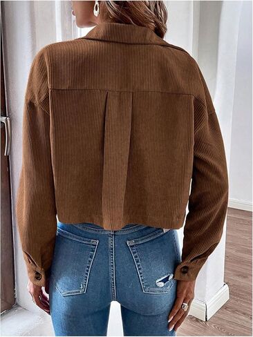 Women's Button Down Corduroy Jacket Long Sleeve Shacket Cropped Jacket in Kuwait