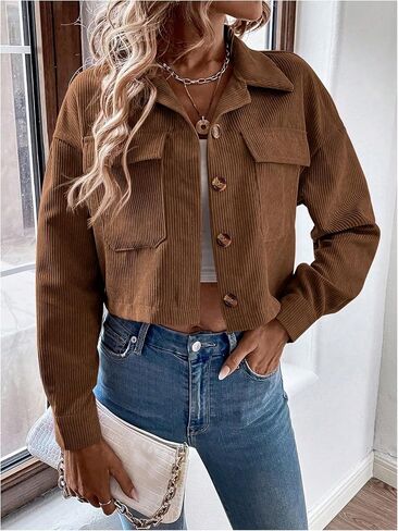 Women's Button Down Corduroy Jacket Long Sleeve Shacket Cropped Jacket in Kuwait