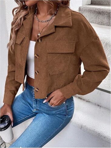 Women's Button Down Corduroy Jacket Long Sleeve Shacket Cropped Jacket in Kuwait