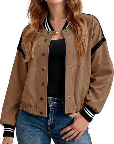 Tankaneo Womens Cropped Bomber Jacket Varsity Casual Button Down Lightweight Utility Coat Spring Outerwear with Pockets in Kuwait