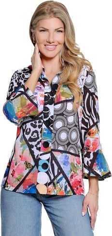 Ali Miles Women's Clothing | Knit Mesh Button Front Jacket With Wire Neck And 3/4 Sleeves in Kuwait