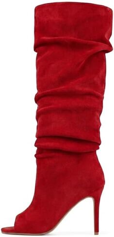 sexytag Peep Toe Slouch Knee High Boots High Stiletto Heel Faux Suede Dress Boots for Fall Winter Open Toe Fashion Long Boots in Kuwait