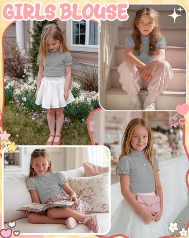 Girls Shirt Ruffle Trim Mock Neck Tops Casual Puff Short Sleeve T Shirt Cute Summer Clothing for Girls 5-14 Years in Kuwait