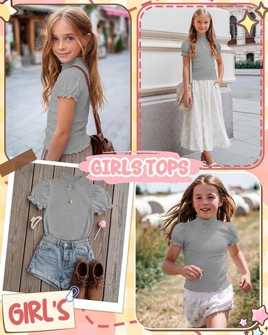 Girls Shirt Ruffle Trim Mock Neck Tops Casual Puff Short Sleeve T Shirt Cute Summer Clothing for Girls 5-14 Years in Kuwait