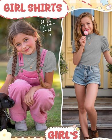 Girls Shirt Ruffle Trim Mock Neck Tops Casual Puff Short Sleeve T Shirt Cute Summer Clothing for Girls 5-14 Years in Kuwait