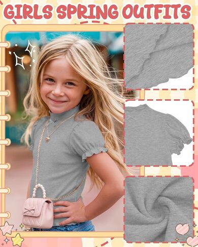 Girls Shirt Ruffle Trim Mock Neck Tops Casual Puff Short Sleeve T Shirt Cute Summer Clothing for Girls 5-14 Years in Kuwait