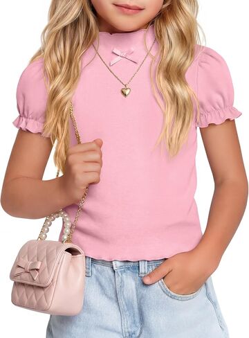 Girls Shirt Ruffle Trim Mock Neck Tops Casual Puff Short Sleeve T Shirt Cute Summer Clothing for Girls 5-14 Years in Kuwait