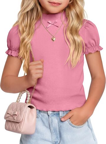 Girls Shirt Ruffle Trim Mock Neck Tops Casual Puff Short Sleeve T Shirt Cute Summer Clothing for Girls 5-14 Years in Kuwait