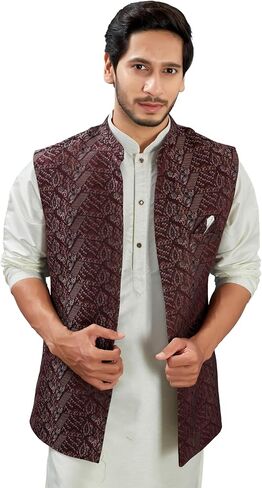 Indian Traditional Jacquard Open Waistcoat Weddings & Festive Occasions Nehru Jacket For Men in Saudi Arabia