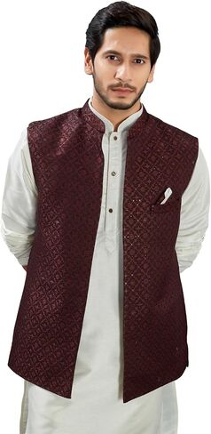 Indian Traditional Jacquard Open Waistcoat Weddings & Festive Occasions Nehru Jacket For Men in Saudi Arabia