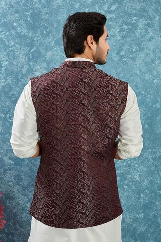 Indian Traditional Jacquard Open Waistcoat Weddings & Festive Occasions Nehru Jacket For Men in Saudi Arabia
