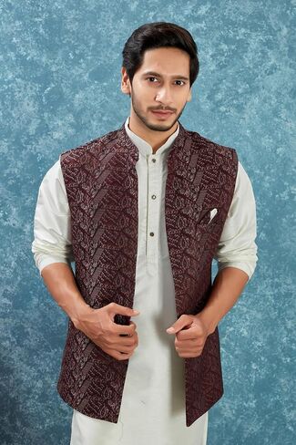 Indian Traditional Jacquard Open Waistcoat Weddings & Festive Occasions Nehru Jacket For Men in Saudi Arabia