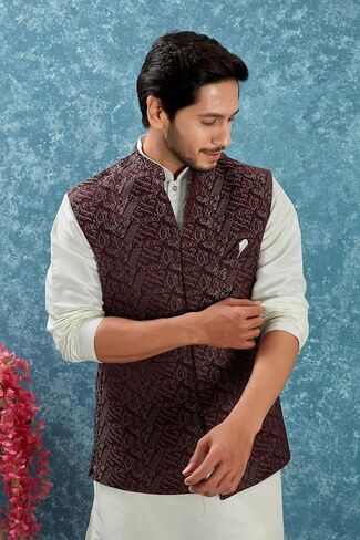 Indian Traditional Jacquard Open Waistcoat Weddings & Festive Occasions Nehru Jacket For Men in Saudi Arabia