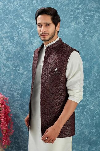 Indian Traditional Jacquard Open Waistcoat Weddings & Festive Occasions Nehru Jacket For Men in Saudi Arabia