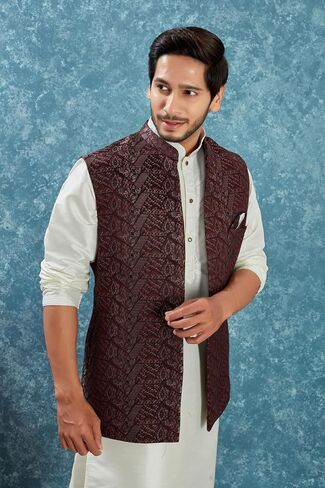 Indian Traditional Jacquard Open Waistcoat Weddings & Festive Occasions Nehru Jacket For Men in Saudi Arabia