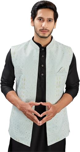 Indian Traditional Jacquard Open Waistcoat Weddings & Festive Occasions Nehru Jacket For Men in Saudi Arabia