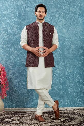 Indian Traditional Jacquard Open Waistcoat Weddings & Festive Occasions Nehru Jacket For Men in Saudi Arabia