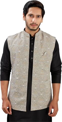 Indian Traditional Jacquard Open Waistcoat Weddings & Festive Occasions Nehru Jacket For Men in Saudi Arabia