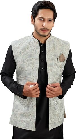 Indian Traditional Jacquard Open Waistcoat Weddings & Festive Occasions Nehru Jacket For Men in Saudi Arabia